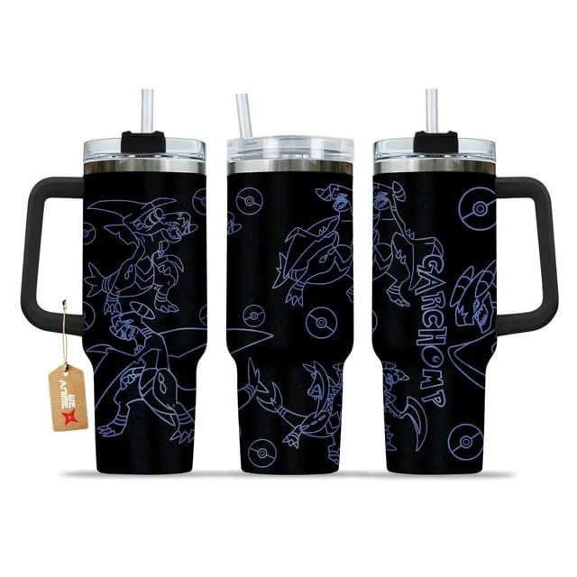 [Otaku Mug] Garchomp Dragon Shark Personalized Anime Tumbler 20oz/40oz with Handle – PKM Inspired Insulated Stainless Steel Travel Mug, Battle Ready Drinkware, Otaku Fan Gift Cup