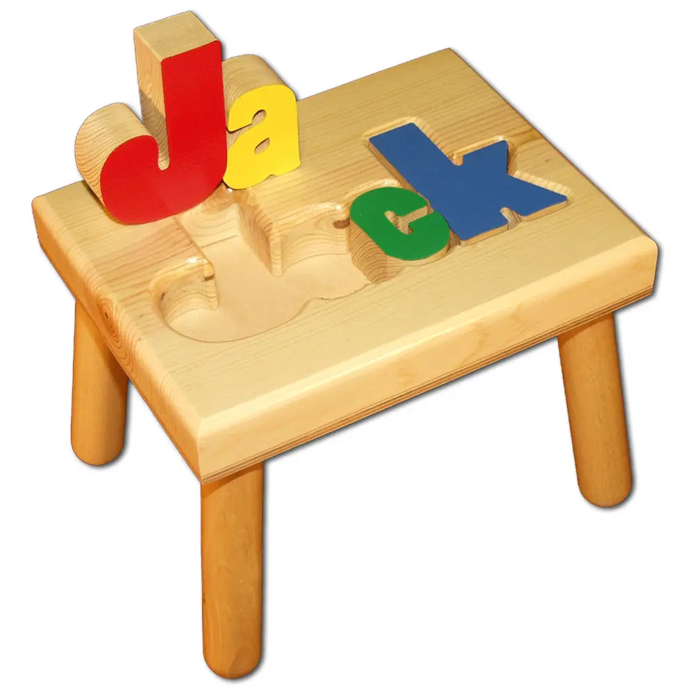 Personalized Wooden Name Puzzle Stool - Primary Colors Educational Shape Sorter Toy for Kids