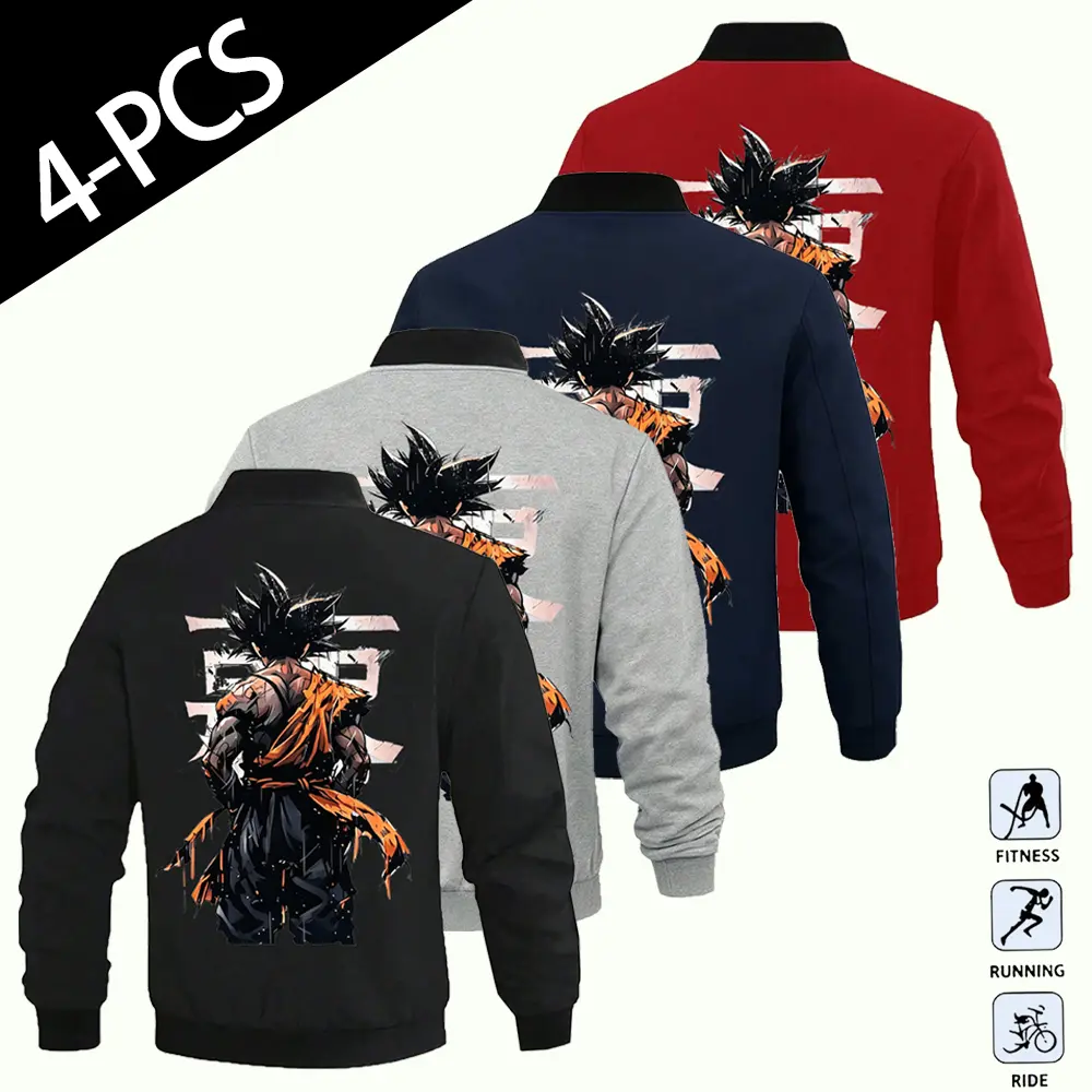 Vintage Brush Stroke Goku Graphic Stand Collar Varsity Jacket Anime Fans Loose Fit Long Sleeve Coat For Daily Workout Fitness
