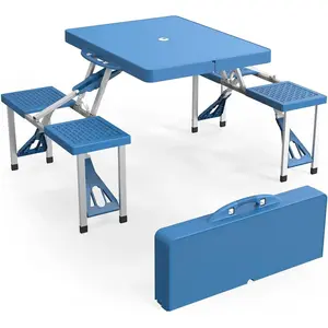 【Father's Day Gift】Outvita 4Ft Portable Folding Picnic Table Camping Table Foldable Set with 4 Seats with Umbrella Hole Suitcase Card Table-220 Lbs Support Aluminum Frame, Plastic RV Tabletop for Yard, Travel Summervibes