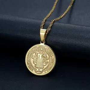 Vintage Saint Benedict Medal Pendant Necklace - Gold Plated, Long, Elegant, Symbolizing Faith, High-End Religious Daily Wear Accessory for Protection