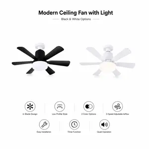 Modern Ceiling Fan with Light, 6-Blade Low Profile Fan Light, Can Adjust 3 Speeds, Can Set Timer, Easy to Install, Black and White Options for Bedroom Kitchen Dimmable