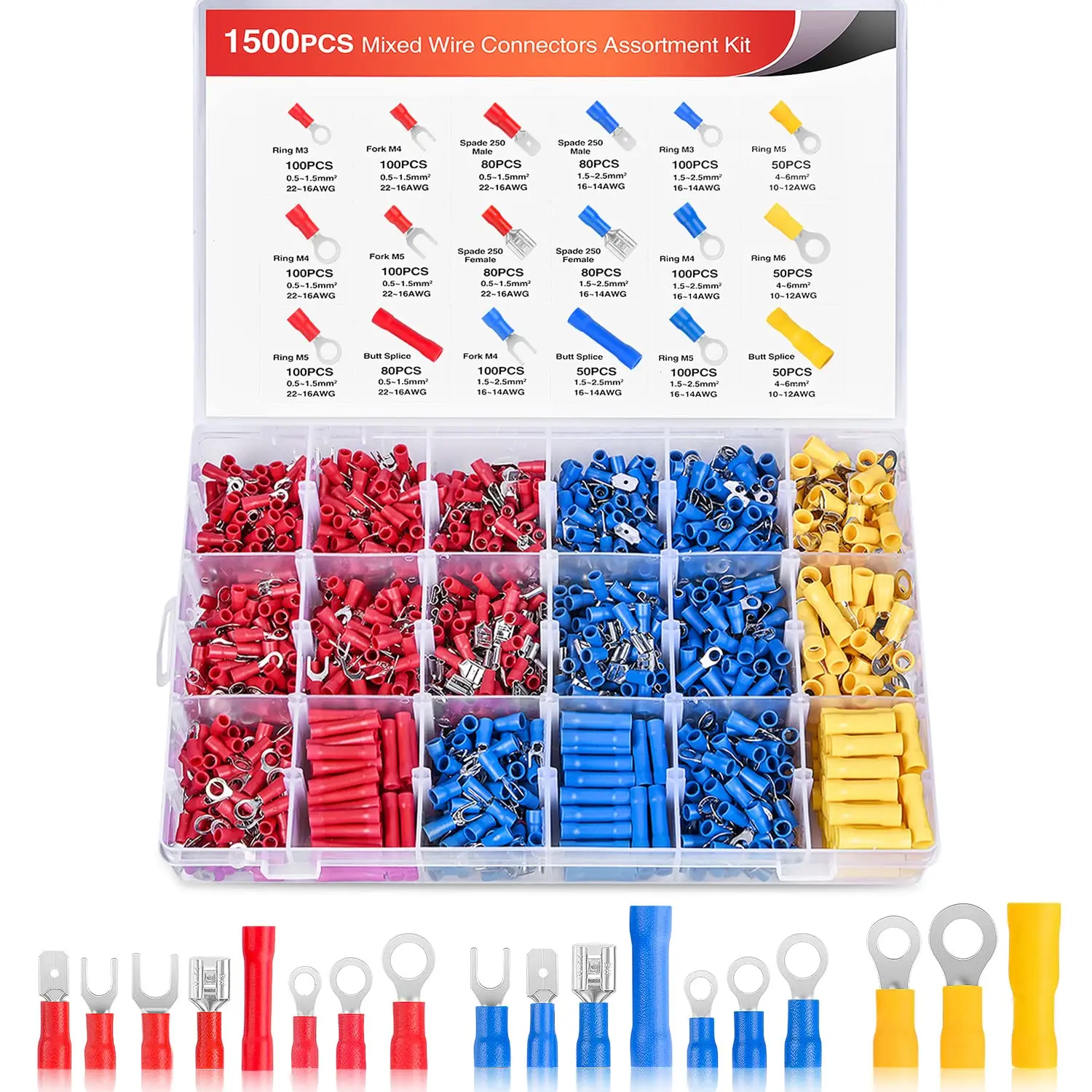 Nilight 1500pcs PVC Insulated Copper Wire Connectors & Terminals Assortment Kit, 22-10 AWG Quick Disconnect Crimp Connectors - Butt Splice, Ring, Fork, Spade, Bullet, Piggy Back - Strain Relief, for Home, Indoor/Outdoor Wiring, Pvc Insulation, Both Indoor