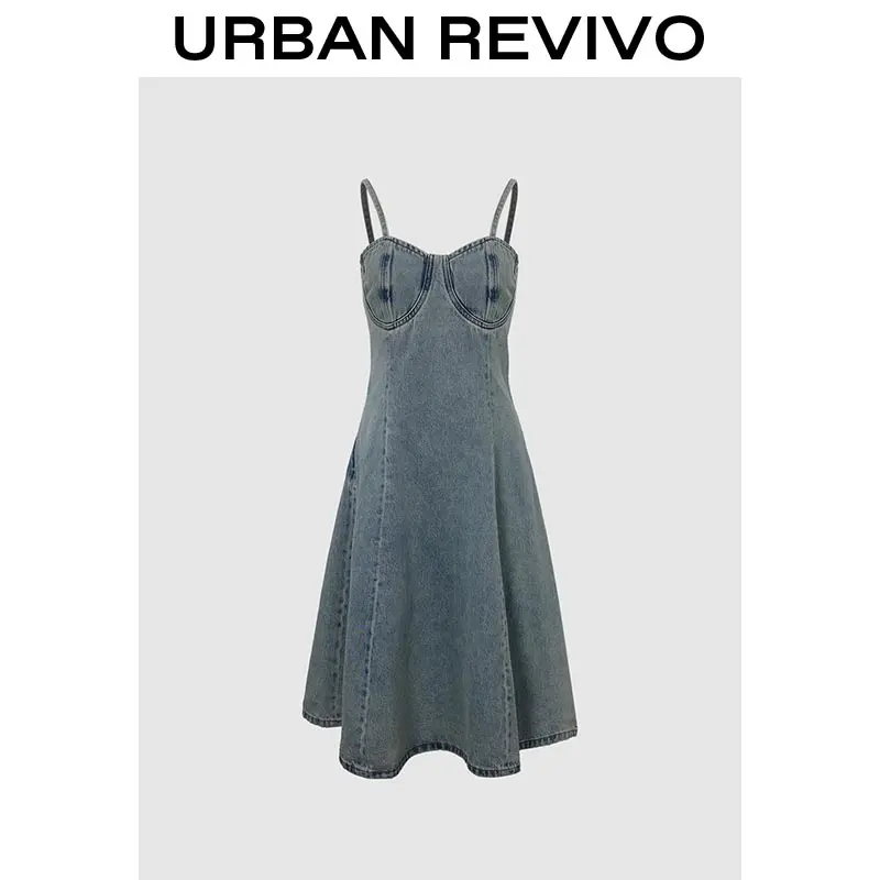 URBAN REVIVO Women's Sleeveless Basic Denim Dress, A-Line Cut Above Knee Length for Casual Wear and Going Out, Fashion