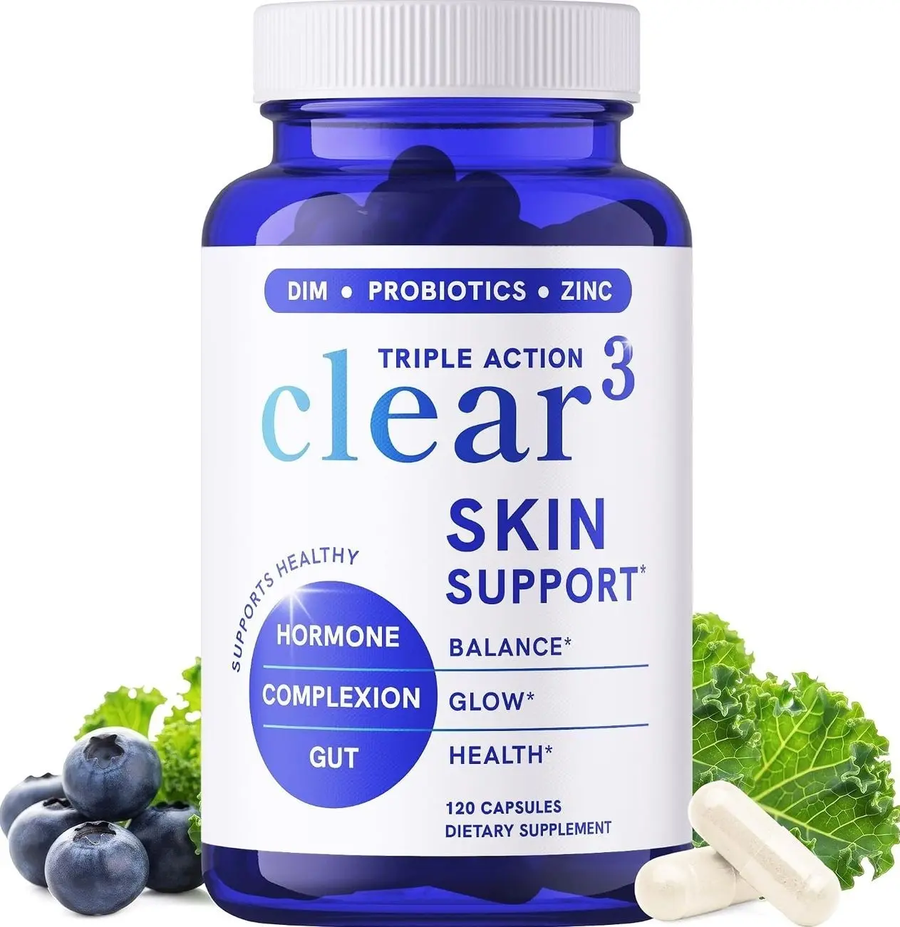 Clear Skin Supplement with Zinc, DIM & Probiotics | 3-in-1 Hormone, Gut & Complexion Support | Triple Action Hyaluronic Acid, Niaciminide & Vitamins for Skin Balance, Glow & Health Support | 120 Ct