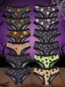 Morvia 12pcs Sexy Cute Gothic Halloween Contrast Lace Hipster Panties, Allover Print Comfy Intimates Briefs Panties, Women's Underwear & Lingerie