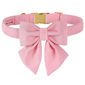 Maca Bates Cherry Pink Dog Collar with Cute Solid Sailor Bow Tie - Adjustable, Durable Breakaway Soft Collar for Extra Small Girl & Boy Dogs, Puppy Pet with Metal Buckle, Girly Design