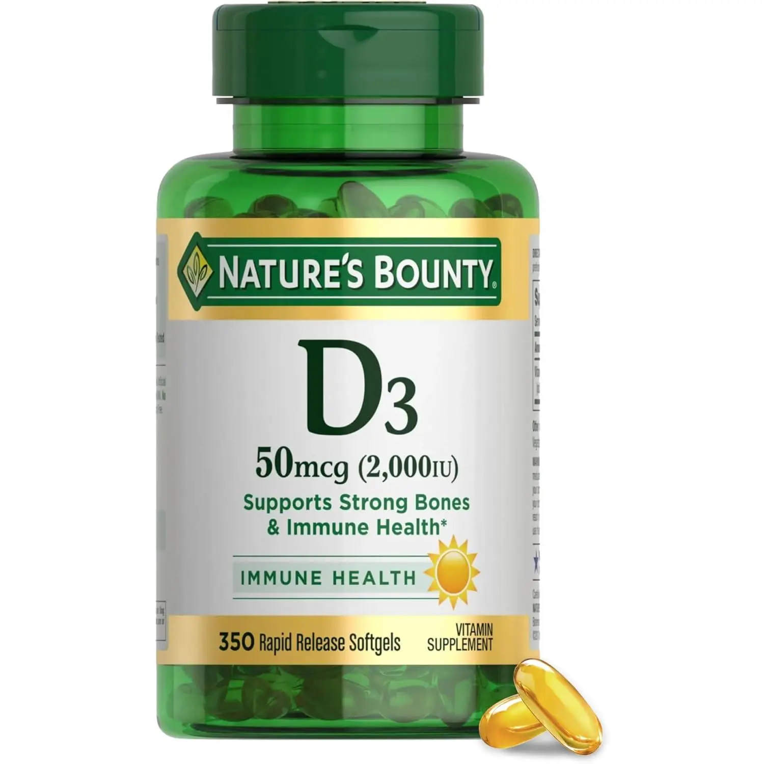 Nature's Bounty Vitamin D3 2000 IU | Supports Immune Health, Calcium Absorption & Bone Strength | Essential for Healthy Bones | Non-GMO, No-Gluten | 350 Softgels, 1 Serving Per Day for Daily Health