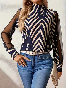 A ladies' geometric print patchwork netting mesh long-sleeved high-neck fitted blouse with elegant style and versatile appeal