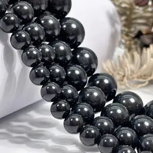 Natural Black Mica Gemstone Smooth Round Loose Beads For DIY Jewelry Making Desig Handmade Crafts Bracelet, Necklace, Earrings AAA Quality 15.5 Inches Long, Semi Precious Stone, Spacer beads