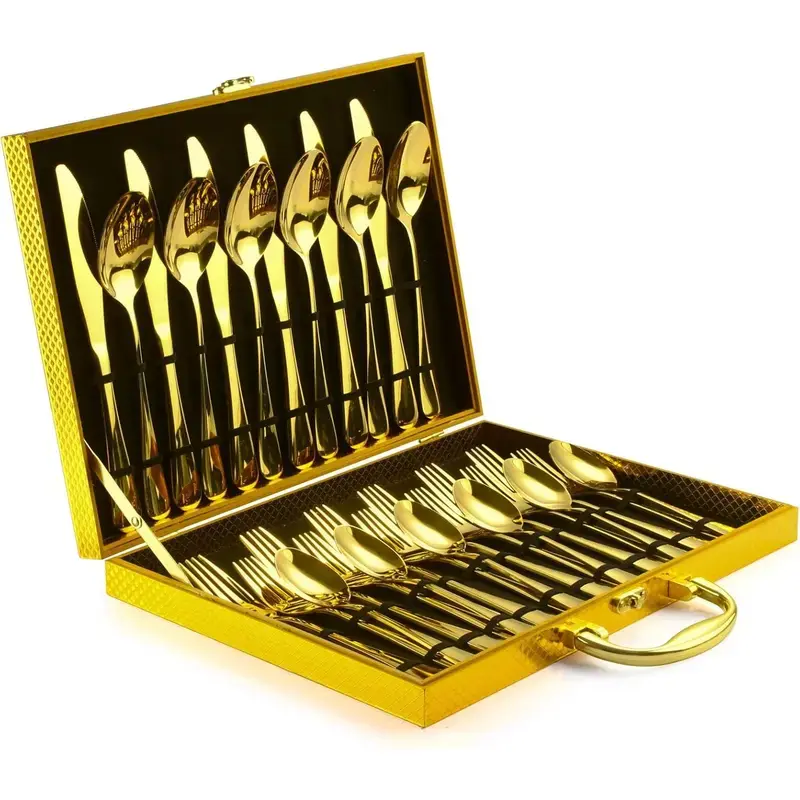 LVABZ 30-Piece Gold Stainless Steel Flatware  for 6, Food-Grade Heavy-Duty Mirror-Polished Cutlery  with Gift Box, Dishwasher Safe for Home & Gifting 16-piece dinnerware party tableware tableware cutlery kitchen disposable plastic plate unbreakable