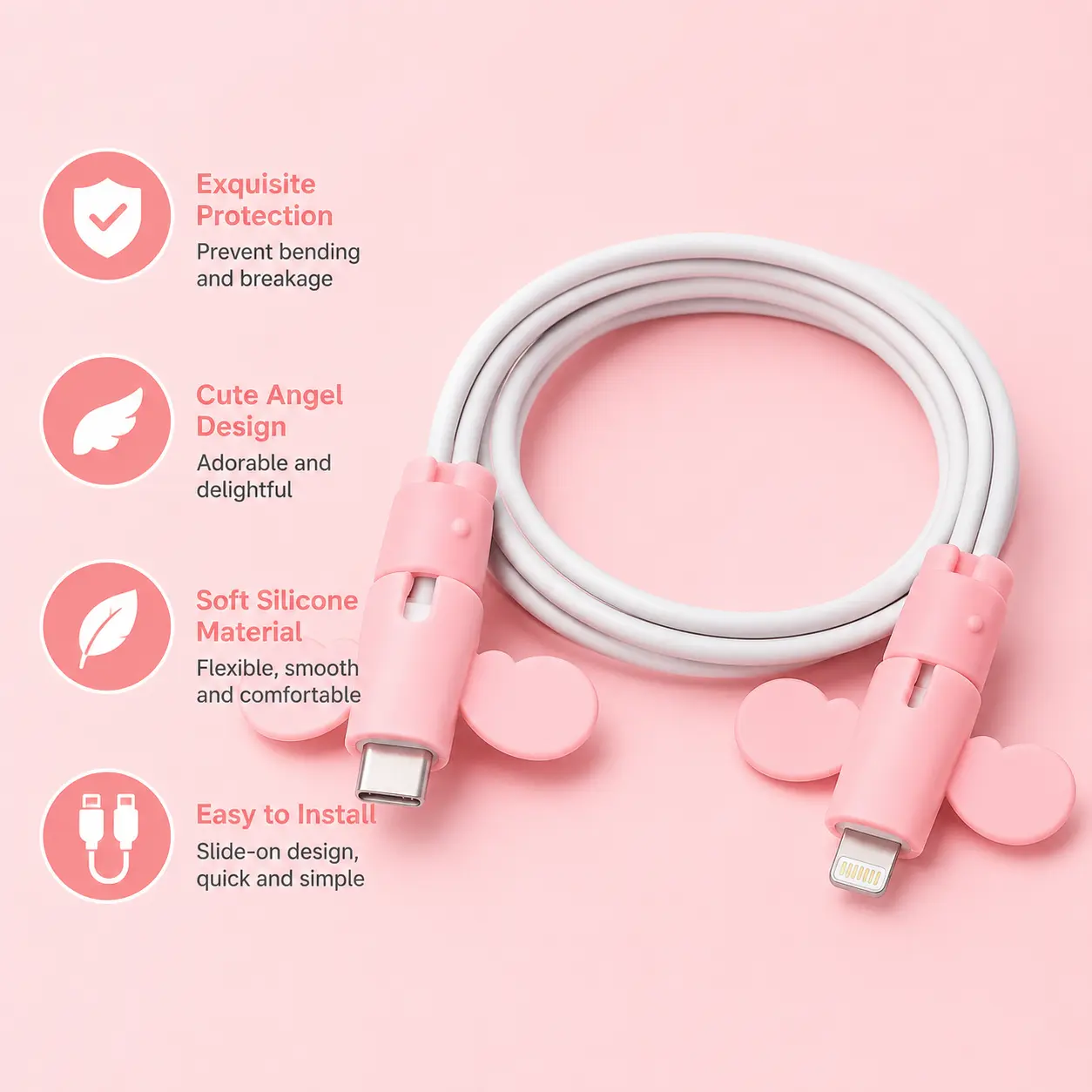 2-Count Soft Silicone Wing-Shaped Data Cable Protectors - Mobile Smartphone Cellphone Charging Cord Protection Sleeves, Handheld Device Accessory Against Bending Damage, Charger