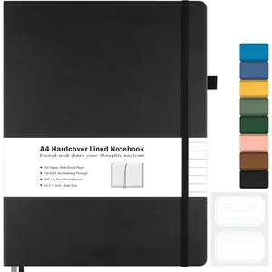 Lined Journal Notebook 8.5" x 11" A4 Large Hardcover Leather Notebook Wide Ruled 192 Thick Paper Lay Flat 2 Pockets Black Journal for Writing Work for Women Men