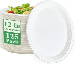 100% Compostable Oval Paper Plates 12 inch 125 Pack Super Strong Disposable Paper Plates Bagasse Natural Biodegradable Eco-Friendly Sugarcane for BBQ, Party, Dinner, and Picnic