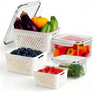 This 9-piece refrigerator fruit preservation set includes food storage containers with airtight lids and removable drain baskets (one large, one medium, and one small) for easy rinsing and draining, extending the shelf life of fruits and vegetables.