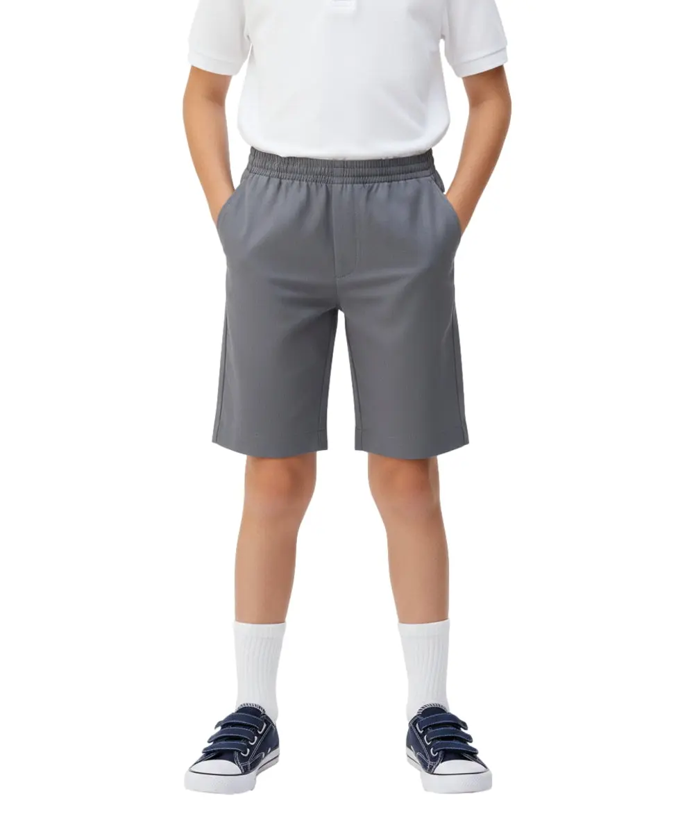 School Uniform Pull-On Grey Shorts, Elastic Waist Twill Bottoms, Comfort Fit School Apparel SBU32