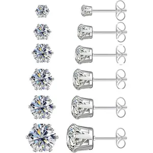 6 Pairs Cubic Zirconia Stud Earrings Set Surgical Steel  316L Stainless Steel Earrings for Women Men Contain 3,4,5,6,7,8mm
