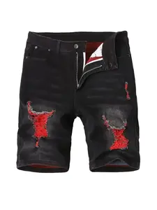 Classic Distressed Men's Stretch Denim Shorts - Slim Fit Elastic Waistband, Machine Washable Black Casual & Dressy, Trendy Design, Comfortable Fit Classic Distressed Men's Casual Breathable Shorts comfort flex waist jorts  outfit  men denim-effect  length