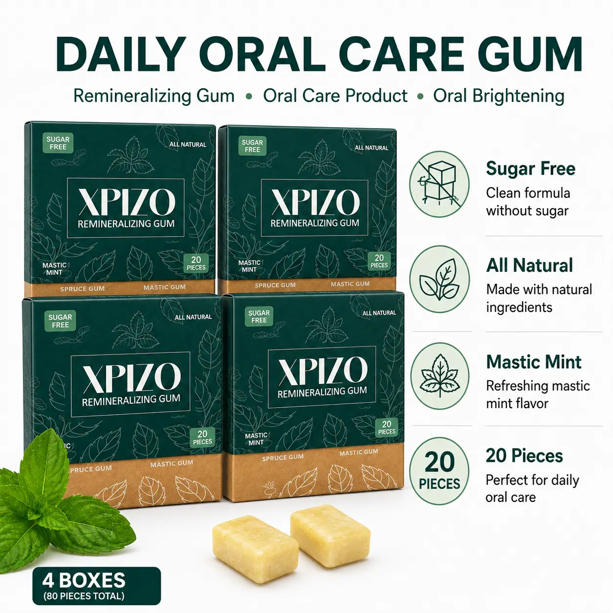 Sugar-Free Remineralizing Gum with Mastic Mint for Teeth Whitening, Breath Odor Neutralizer - Pocket Size 4-Box Pack, Chewing Gum, Peppermint, Oral Care, Multi-Pack, Daily Chew, Perfect For Daily Oral Care, Prevents Bad Breath, Dental Teeth Whitening, 20,