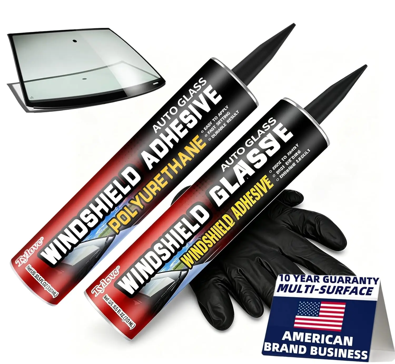 Professional Strength Urethane Windshield Sealant – Quick Curing, Weather Resistant Auto Glass Glue for Vertical & Overhead Application, 10.5oz Black, Includes Gloves