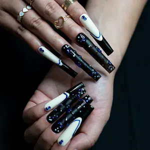 Black White and Blue Stripes Extra Long XXL Square (Length 2.1") Handmade Press on Nails, Fake Nails, Reusable, Luxury Nails, Acrylic Nails