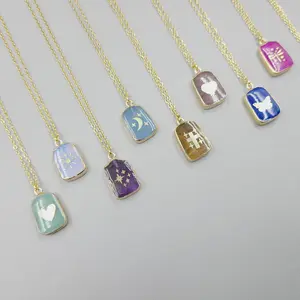 10pcs Random Necklace Natural Stone Pendant Drops Oil Twelve Zodiac Pattern Necklace