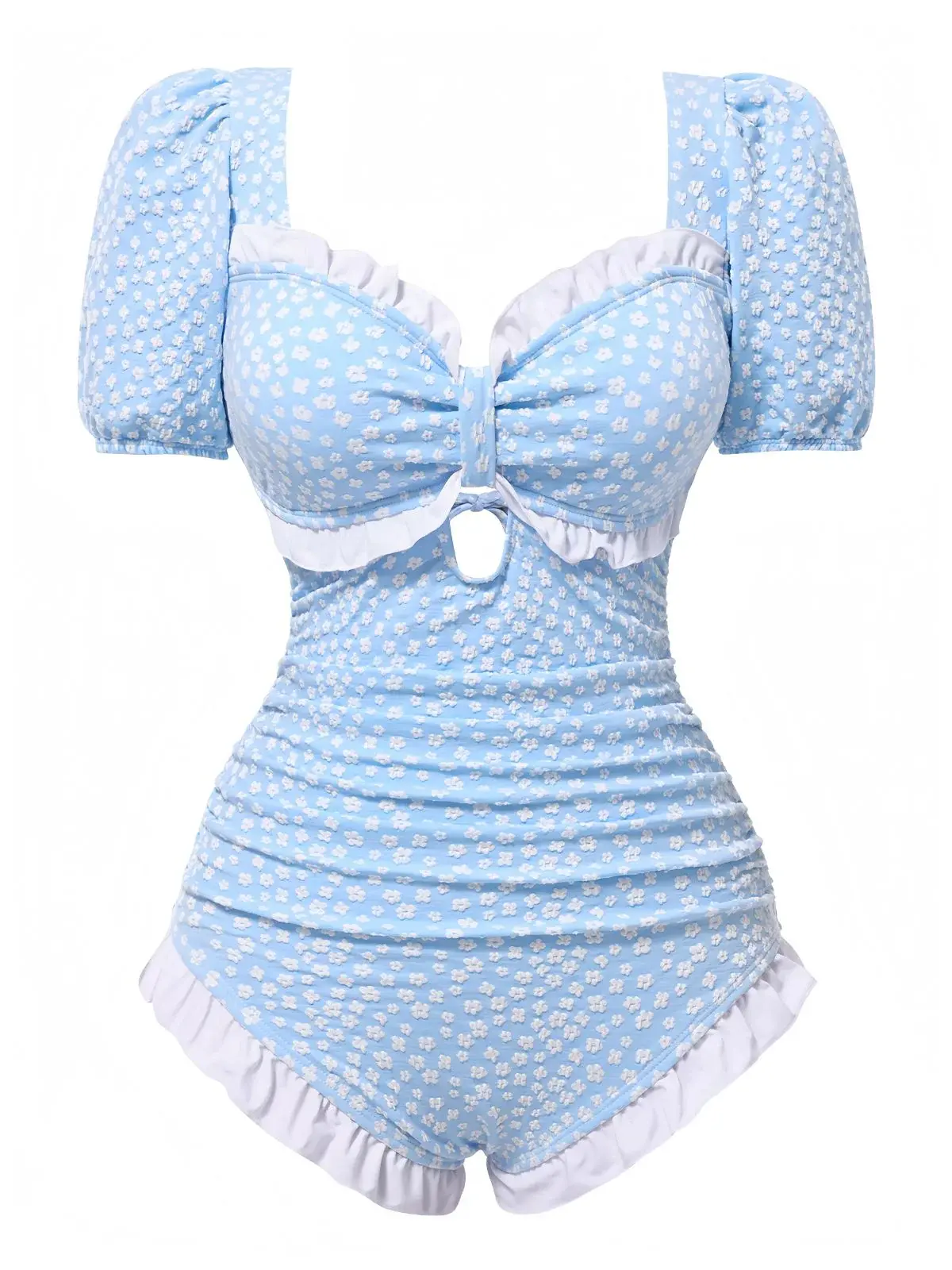 RETRO STAGE Women's 1940s Blue Ditsy Floral Ruffle 1-Piece Swimsuit, Bra-Padded Bodysuit, Floral Print Bathing Suit for Sports & Outdoor Use, Floral Print Swimsuit, One Piece Swimsuitsummer outfits beach essentials vacation outfits tiktokshopbacktoschool