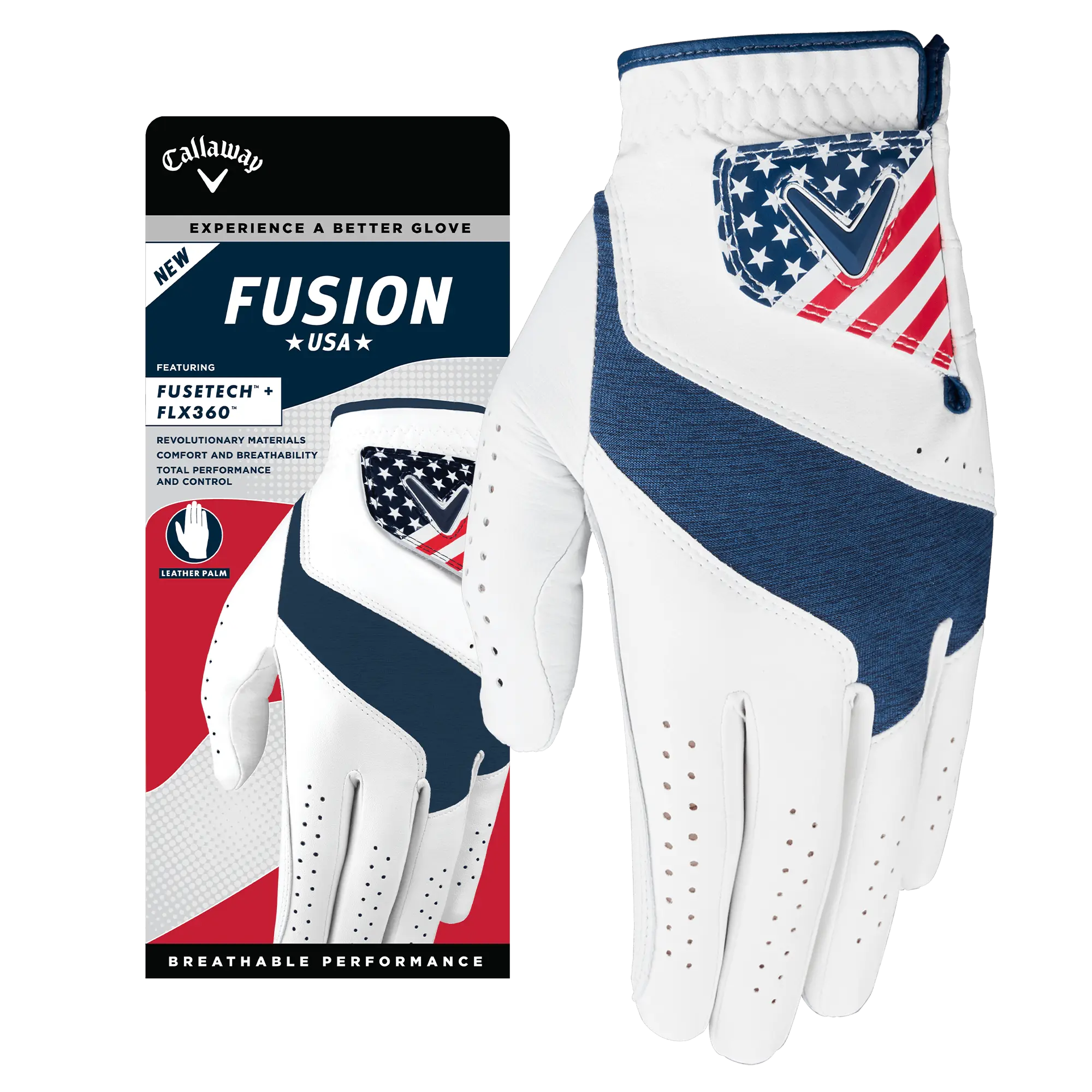 Callaway Golf Men's Team USA Fusion Golf Glove in White/Navy/Red | Size: Medium, Golf Equipment, Medium Size