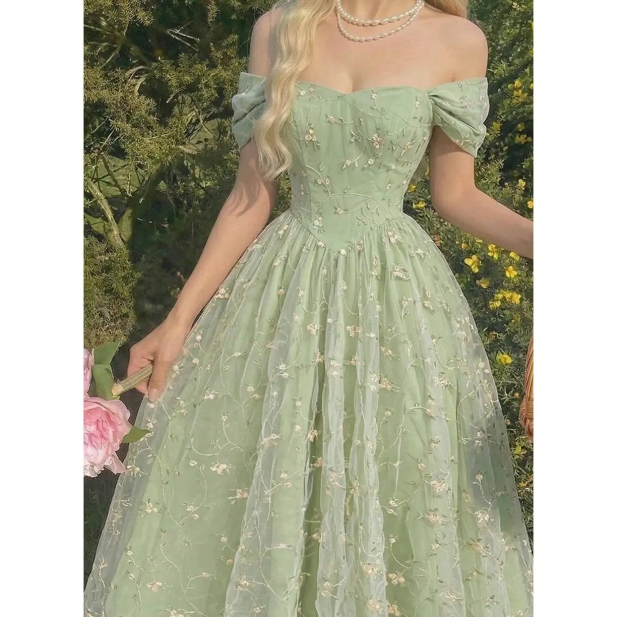 Women's Sage Off Shoulder Floral Embroidered Midi Dress, Elegant Ruffle Cottagecore Wedding Guest Garden Party Summer Dress