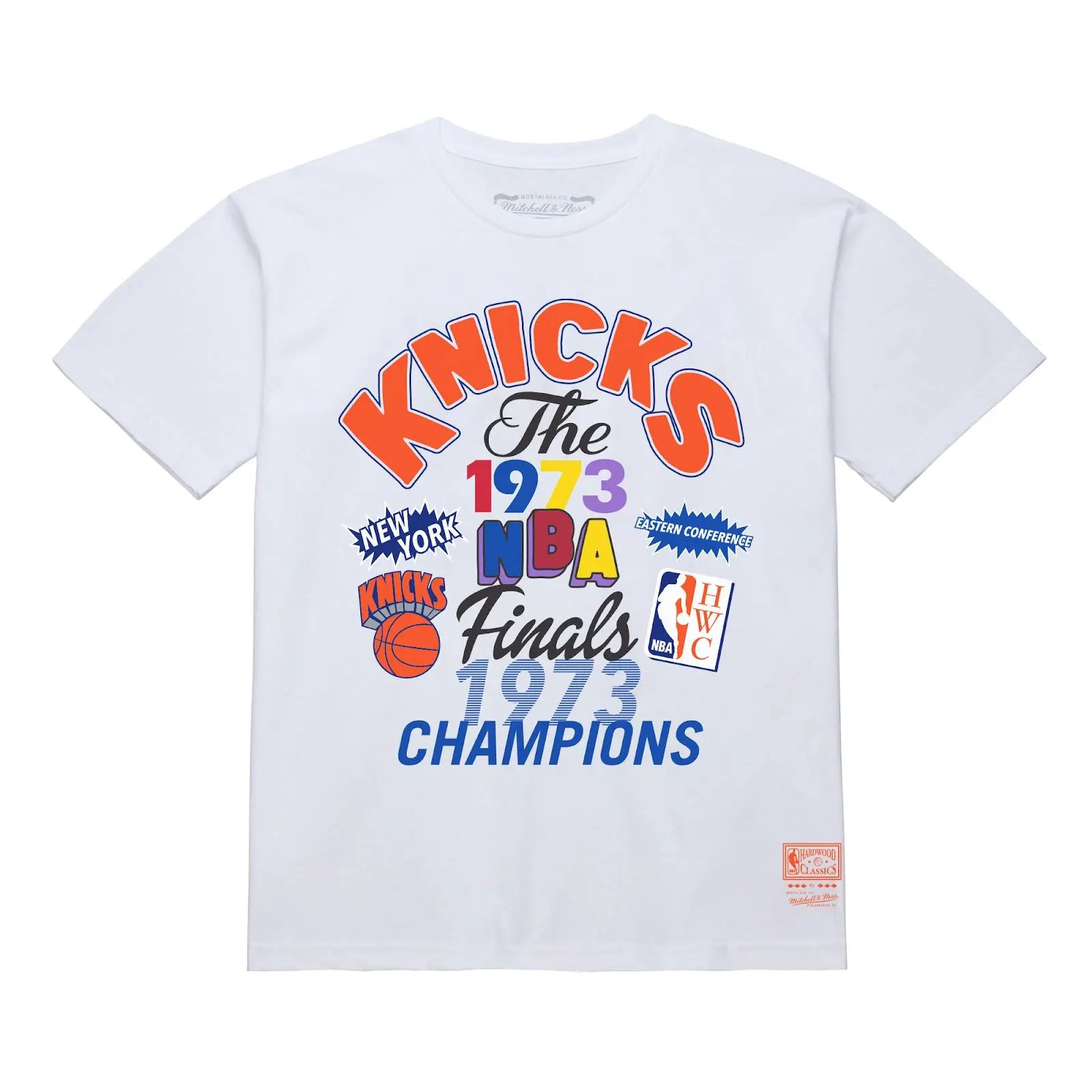 New York Knicks White 1973 NBA Finals Champions Fest T-Shirt Throwback Tee Graphic Vintage Fan Gear Mitchell & Ness