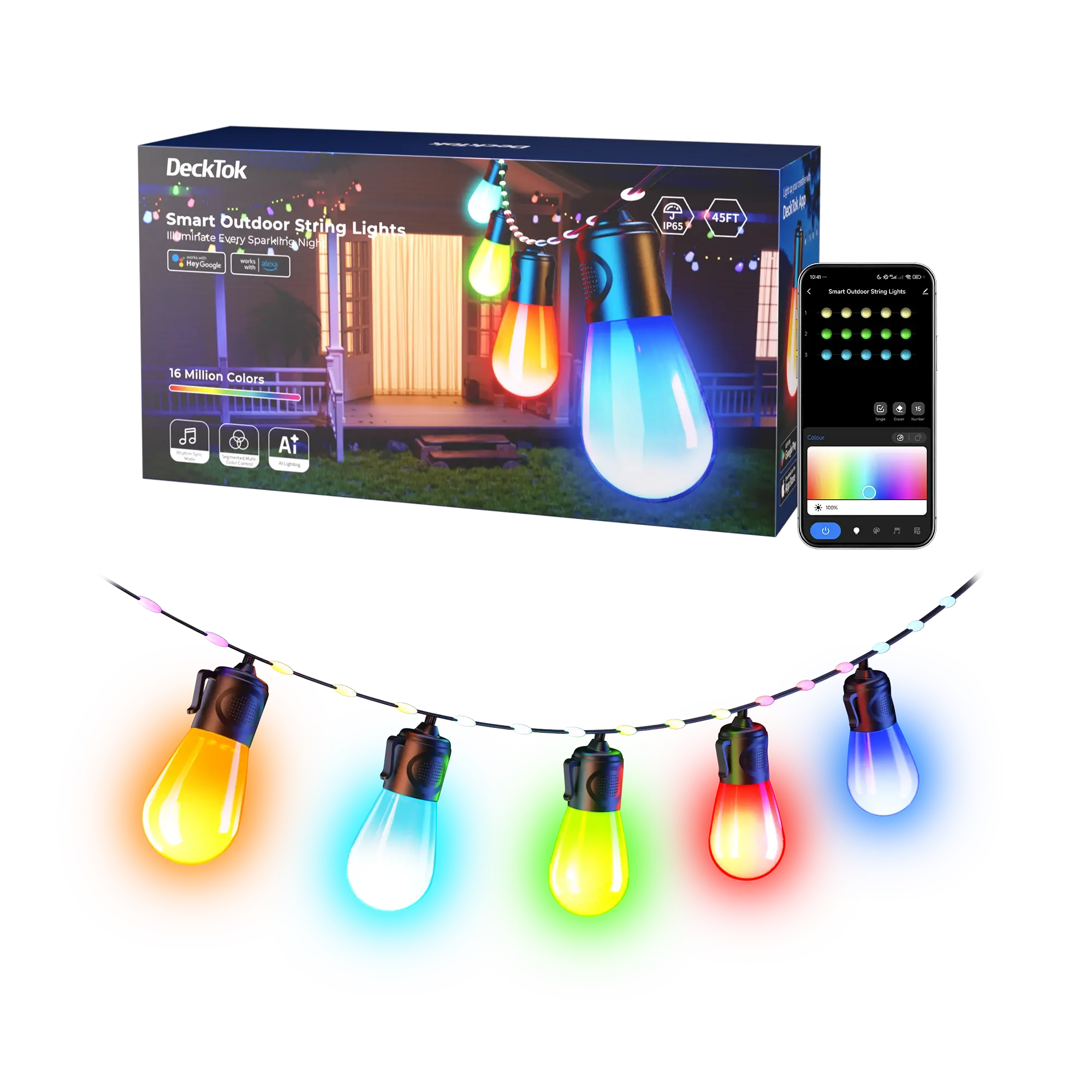 45ft Smart Outdoor String Lights, IP65 Waterproof Color Changing LED Bulbs, High Brightness Colored LED Ambient Fairy Accent Decking & Patio Lighting for Garden, Colored Led Ambient Decking & Patio Lighting