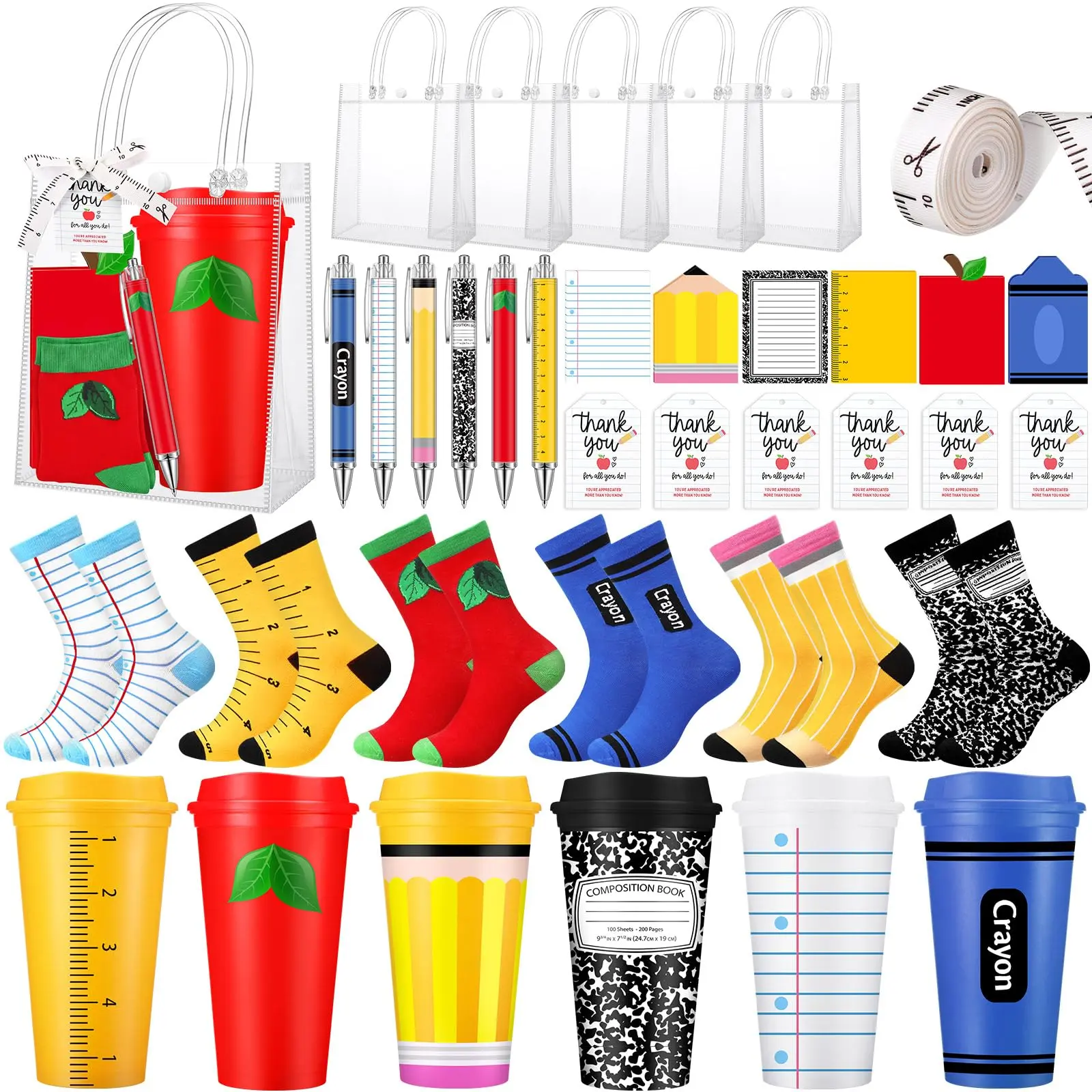 6/12 Set Back to School Teachers Gifts Bulk Teacher Survival Kit with Clear Gift Bags Socks Memo pads Ballpoint Pens Greeting Cards,Welcome School Back Gifts for Teachers employee, Gift for Meet the Teacher Night First Day of School Recognition Awards