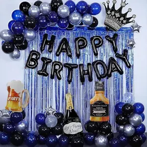 Blue and Black Happy Birthday Decorations for Men,Birthday Decorations with Banner, Fringe Curtains,Foil Balloons, Balloon Kits for 21st,25th 27th 30th 35th 40 50 60th Birthday Decorations
