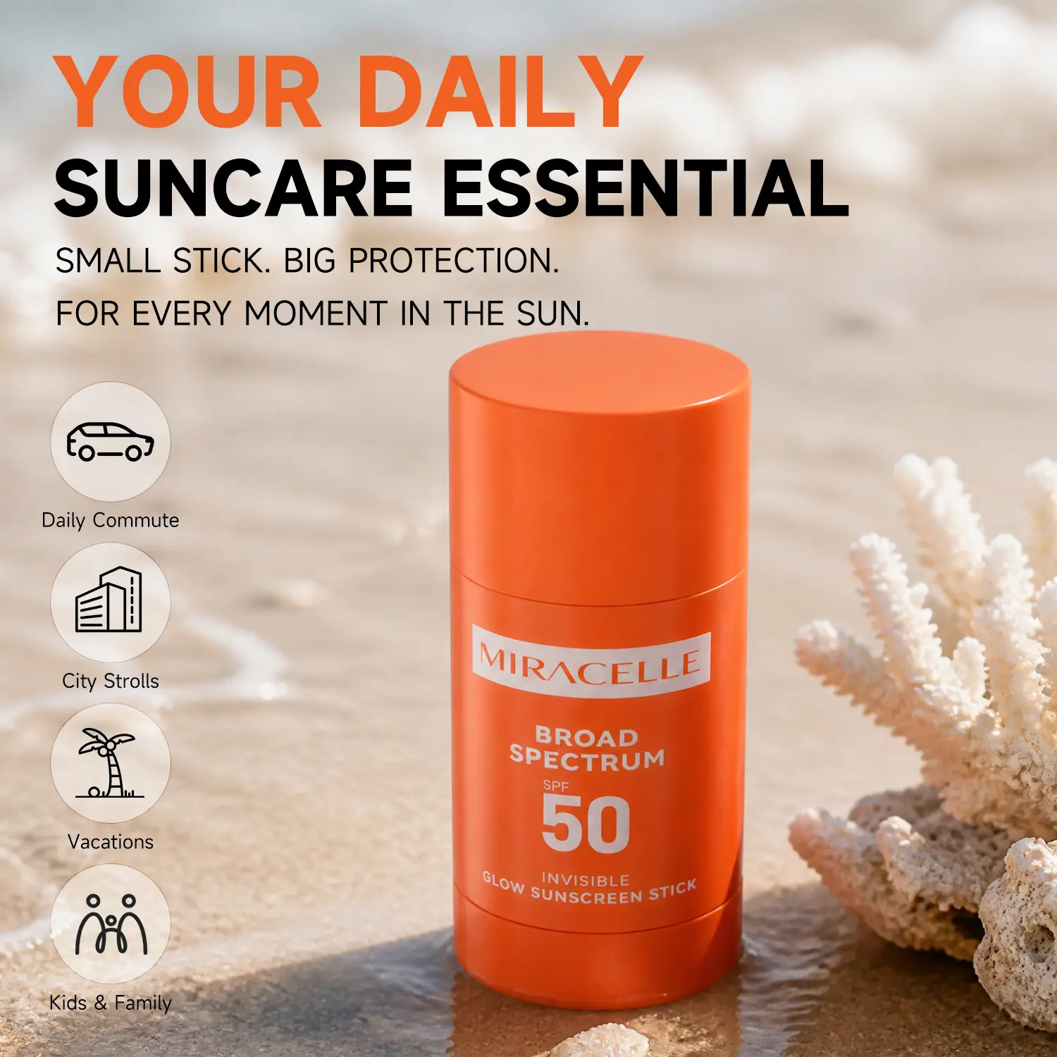 MIRACELLE SPF 50 Sunscreen Stick, Invisible Glow Finish, Easy-Swipe Mess-Free Lightweight Sun Protection for Face & Body, Daily Body Sunscreen for All Skin Types