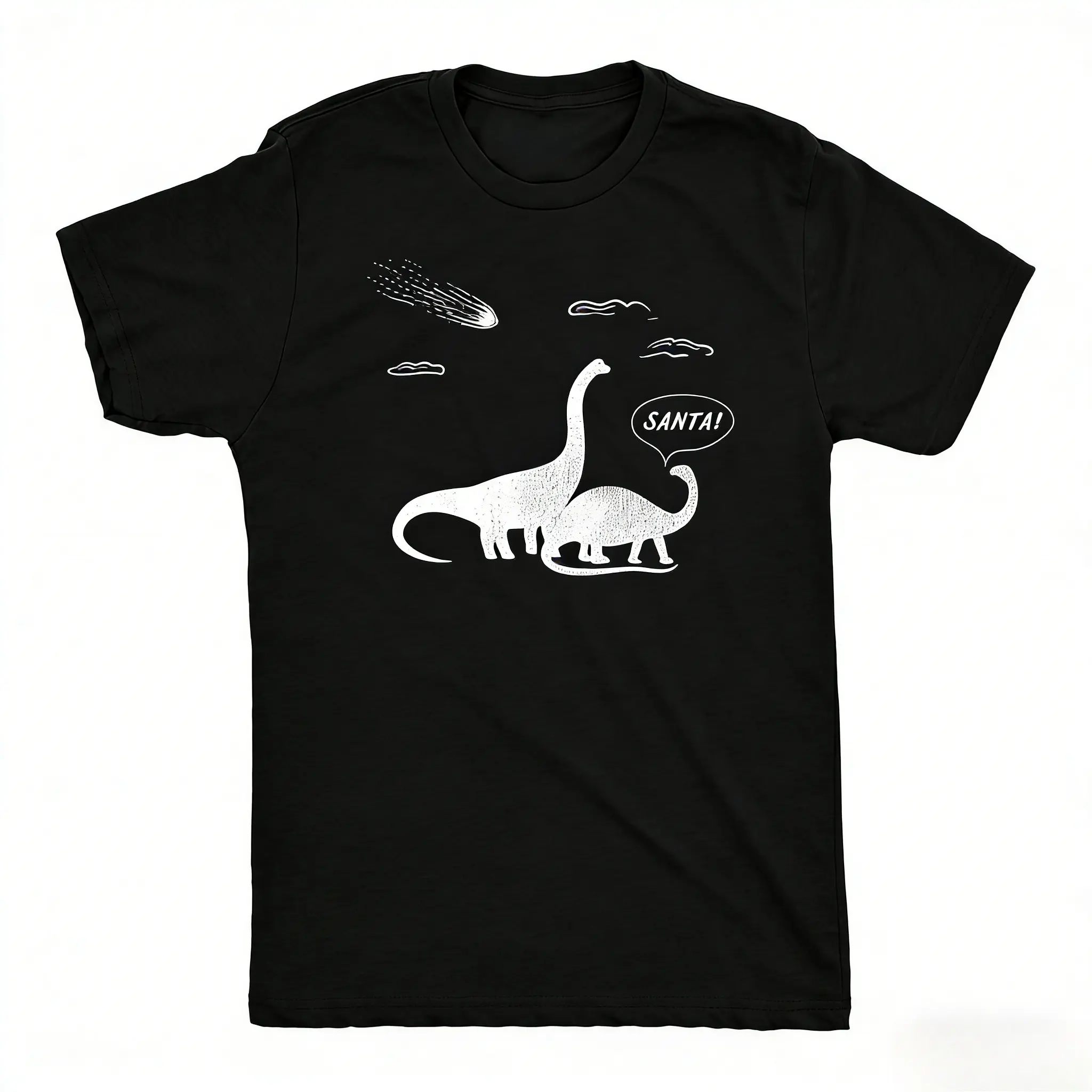funny dinosaur santa asteroid christmas tshirt, retro dino humor oversized graphic tee, men's holiday meme streetwear casual cotton top, unique xmas gift shirt