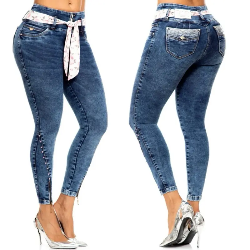 Women's Denim Belted Buttlifting Colombian Jeans, W 50-467 Blue Style with Rivets, Comfortable Fashion Roses Accent