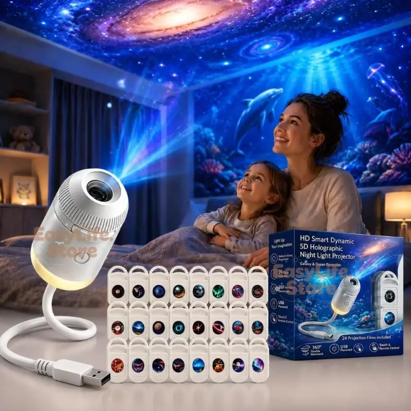 HD Smart Dynamic 5D Holographic Night Light Projector – 2-in-1 Galaxy & Ocean-Themed Projector with 24 Included Projection Slides