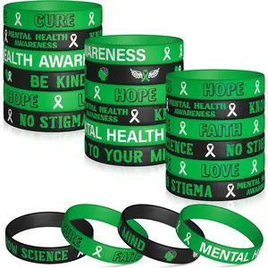 WATINC Mental Health Awareness Silicone Bracelets Set,Mental Health Hope Green Ribbons Rubber Stretch Wristbands, Motivational Rubber Bracelet with Inspirational Message for Men Women Teens (48Pcs)