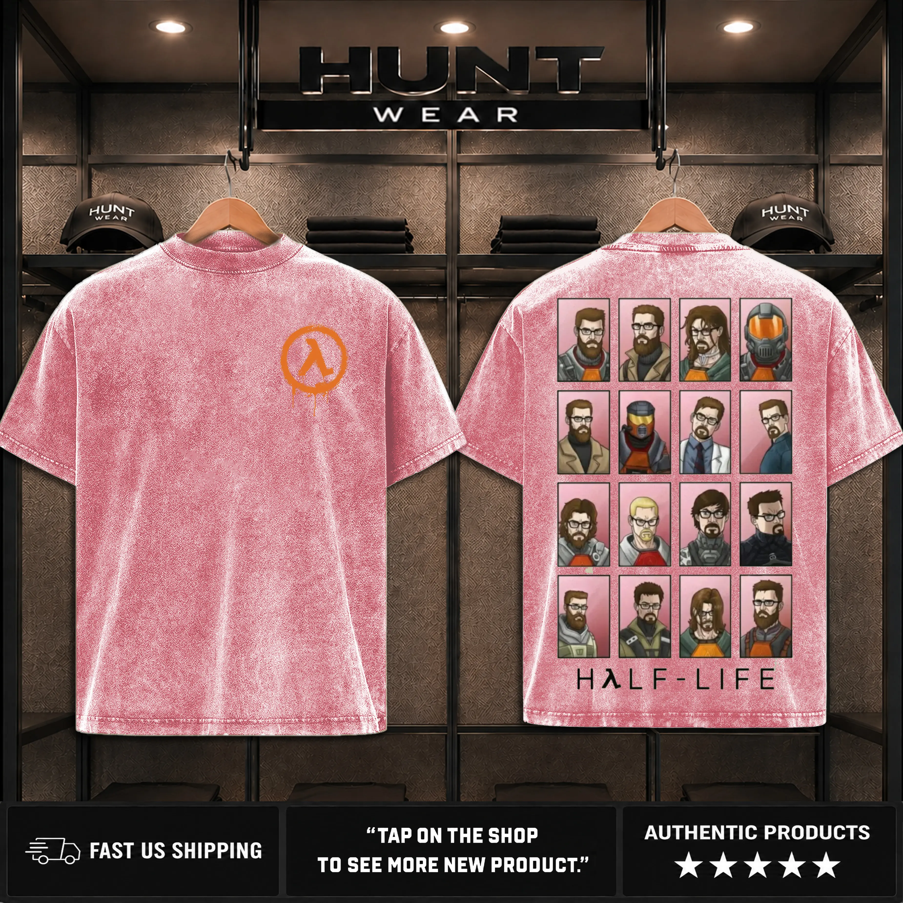 Half-life Washed Unisex Graphic Tees s1, Casual Crewneck Short Sleeve Washed Tshirt 2 Sided Cotton unisex graphic tees gamer merch, Black Cotton Tee