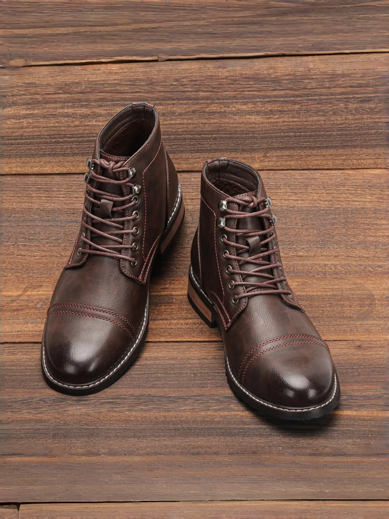 Men's Vintage Casual Lace-Up Work Boots, PU Leather Upper, Metal Eyelets, Durable Rubber Sole, Spring & Fall Fashion, Workwear Boots, Work Ankle Boots, Workboots