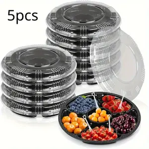 5pcs Lunch Box, Round Plastic Appetizer Tray with Lid, 6 Compartments Container, Disposable Food Storage Containers, for Snack, Fruit, Candy and Biscuit, Kitchen Organizers and Storage, Kitchen Accessories