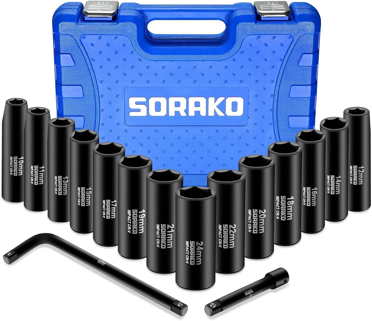 1/2” Impact Socket Set, SORAKO 16 Piece Metric Deep Socket Set 10-24 mm,Deep Impact Socket Set with Extension Bar & L Handle 6 Point Cr-V Steel Drive Socket Set with Portable Case(Metric)) Metric Socket Tool Box