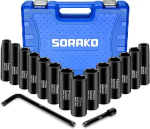 1/2” Impact Socket Set, SORAKO 16 Piece Metric Deep Socket Set 10-24 mm,Deep Impact Socket Set with Extension Bar & L Handle 6 Point Cr-V Steel Drive Socket Set with Portable Case(Metric)) Metric Socket Tool Box