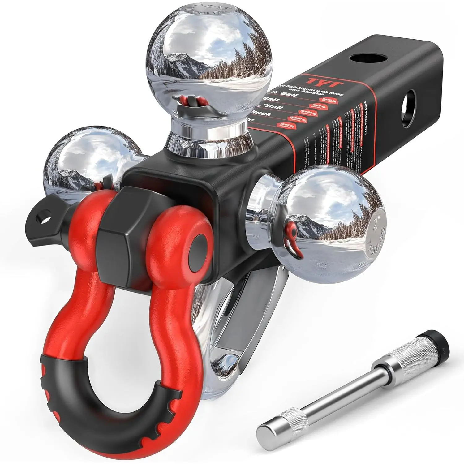 Tri Ball Mount Trailer Hitch, Fits 2 Inch Receiver, Triple Balls 1-7/8 Inch, 2 Inch, 2-5/16 Inch with Tow Hook & Shackle, 10000 LBS GTW, 1000 LBS Tongue Weight, Includes Hitch Pin Lock