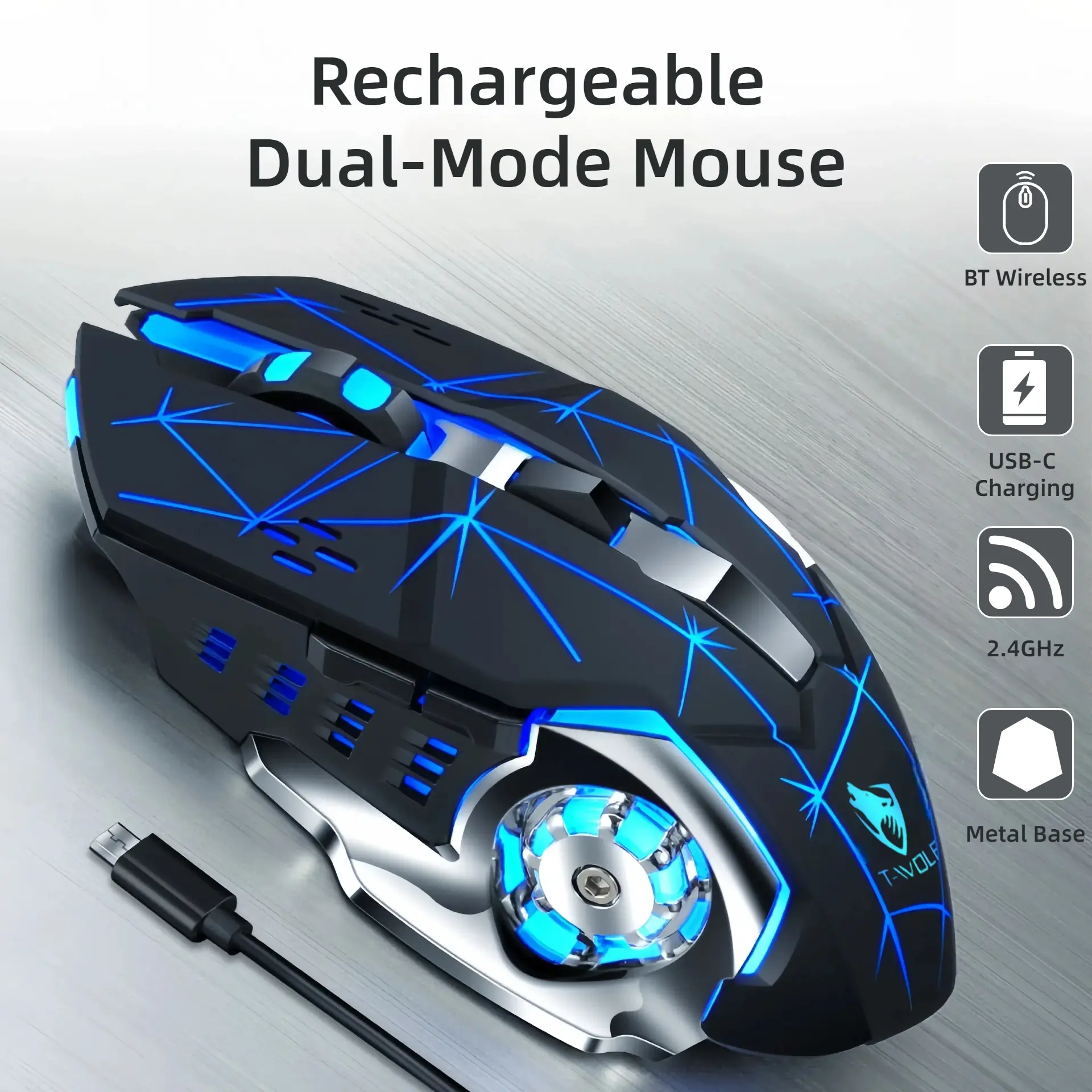 T-WOLF Rechargeable Adjustable Ergonomic Wireless Gaming Mouse, Dual-Mode Bluetooth 5.0+2.4G Computer Peripherals, Silent 6-Button RGB Backlit Multi-Device Setup Accessories for Gaming Setup & Office Use