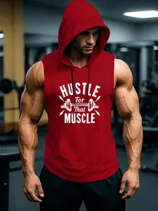 Men's Sleeveless Hooded Tank Top, Muscle Workout Graphic Print, Fitted H-Type Fitness Training Shirt, Casual Style, Gym Exercise Activewear, Gym Clothing