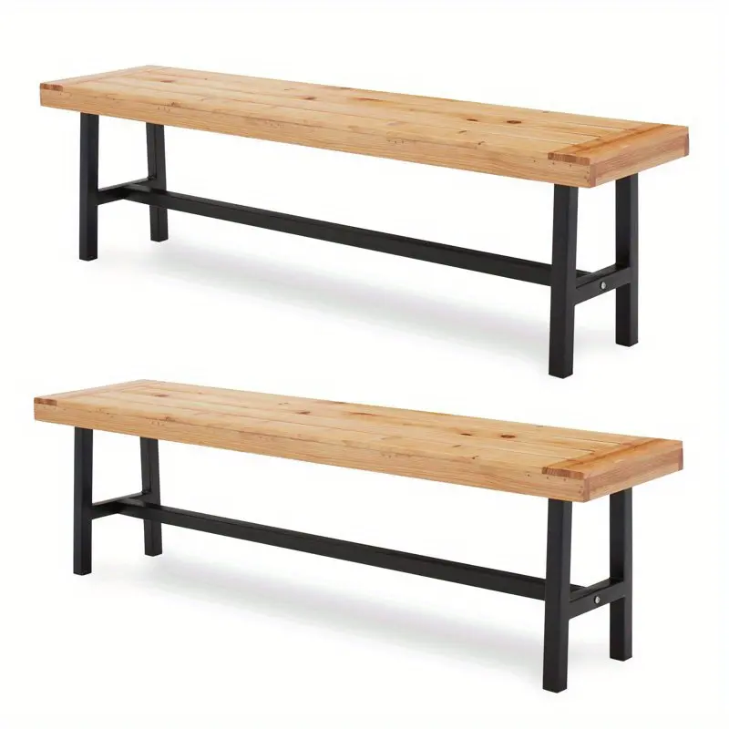 63" Wooden Picnic Bench(Set of 2), Outdoor Benches with Powder-Coated Metal Frame, Garden Benches for Patio, Garden, Porch & Deck, Wood Color