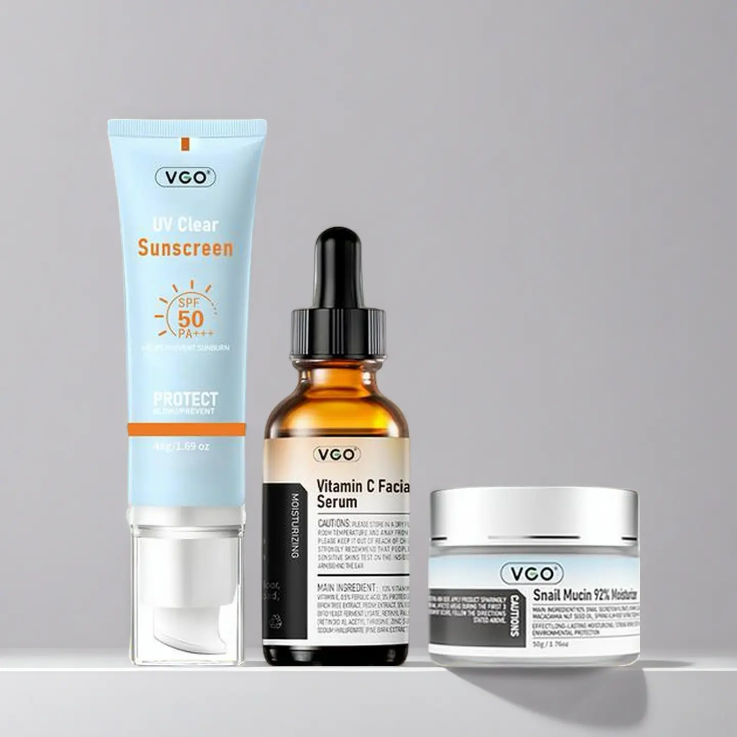 VGO Moisturizing and Sunscreen Three - piece Set, including SPF50+ Sunscreen with a light texture and good breathability, a 50g Snail Cream, and a VC Essence.