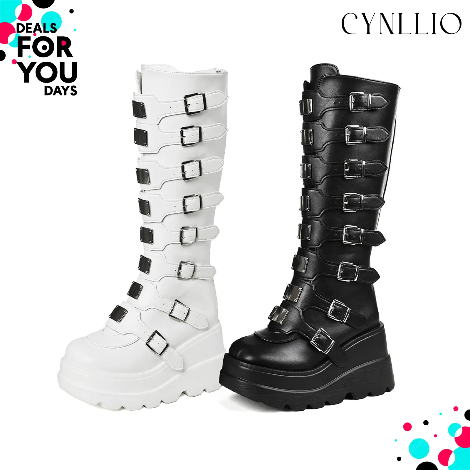 CYNLLIO  Womens Platform Knee High Boots Round Toe High Heel Gothic Boot Zipper Wedge Metal Buckle Punk Combat Spring Boots Deals For You Days
