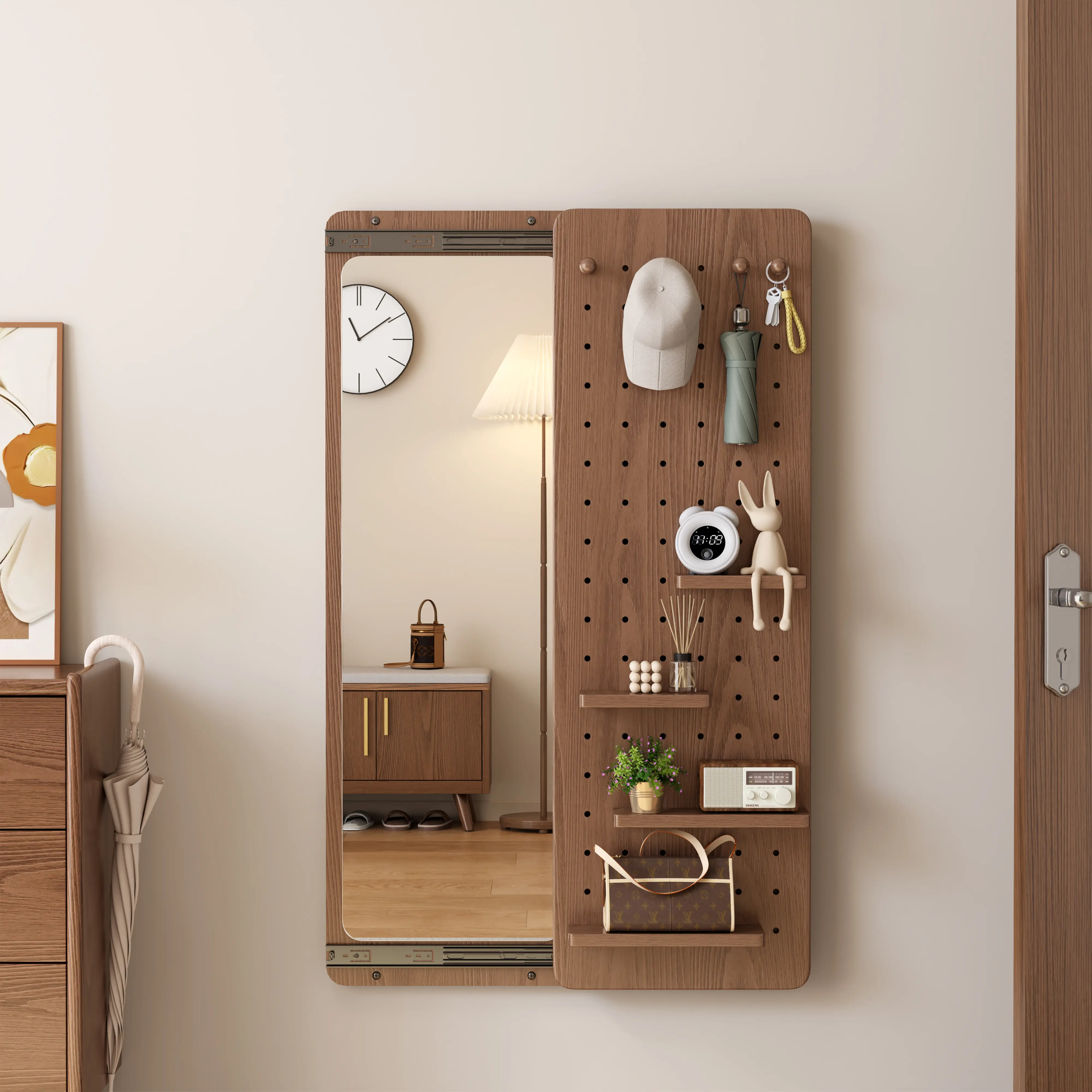 【Spring】Wall Mirror Full Length,Hide Wall Mounted Mirror,Wood Mirror with Shelf,Rustic Mirror with Hooks Full Length Mirror Wall Mounted Mirror with Multifunctional Design Panel,Living Room,Entryway